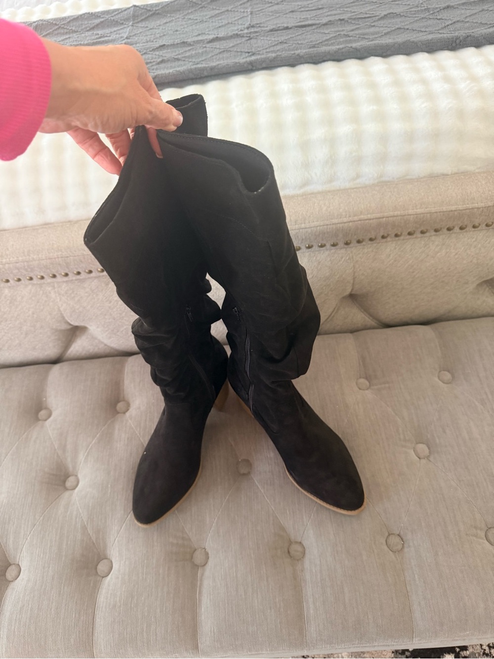 Classic Black Suede Knee-High Women's Boots- Slouched